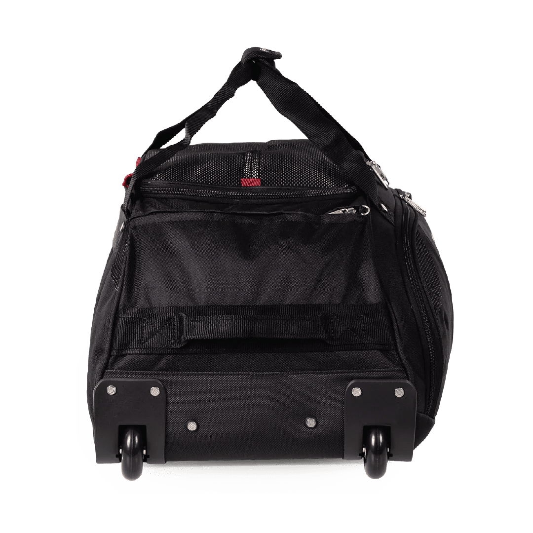 Black rolling duffel bag on a white background
