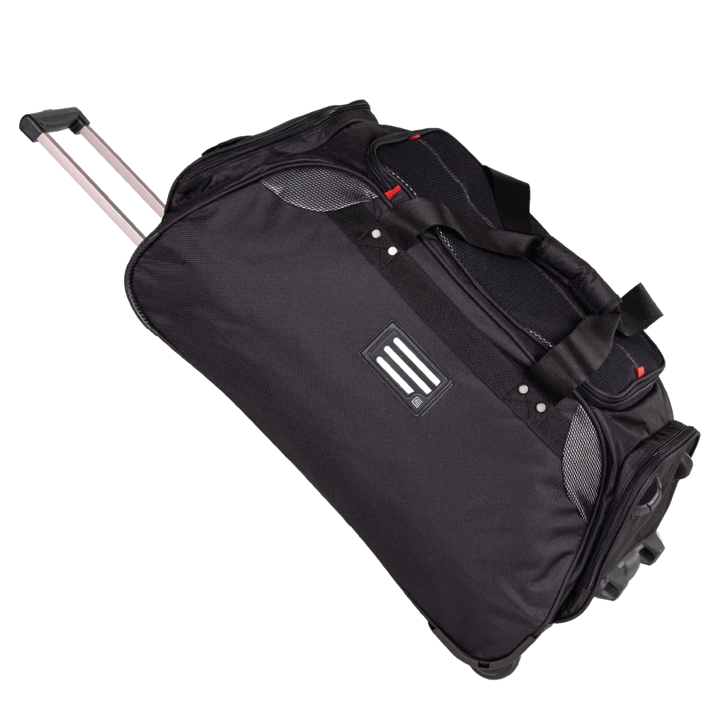 Black rolling suitcase with a visible brand logo on a white background
