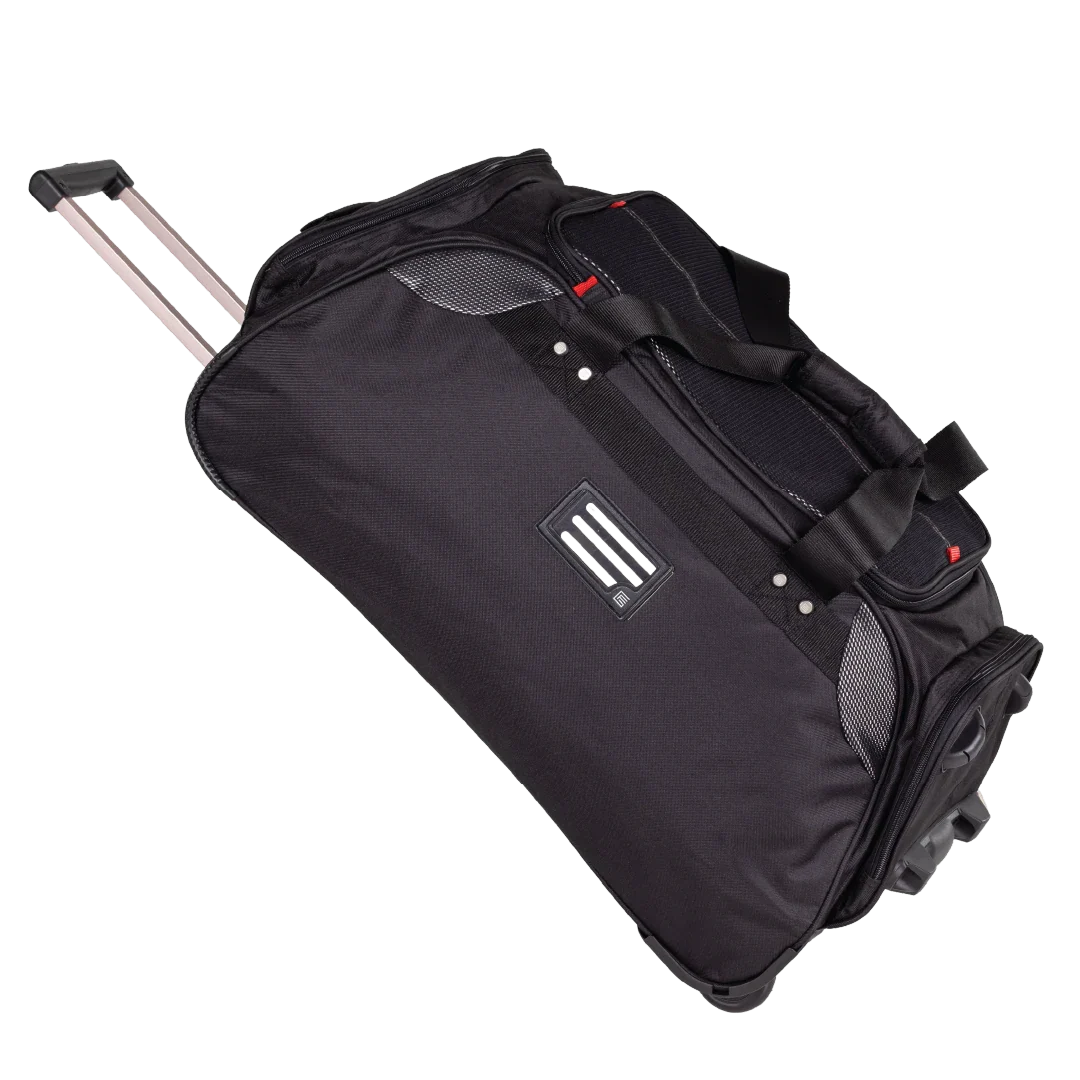 Black rolling suitcase with a visible brand logo on a white background