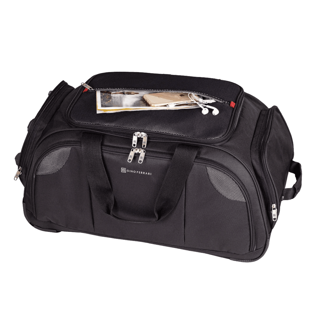 Black duffel bag with a visible brand logo on a white background