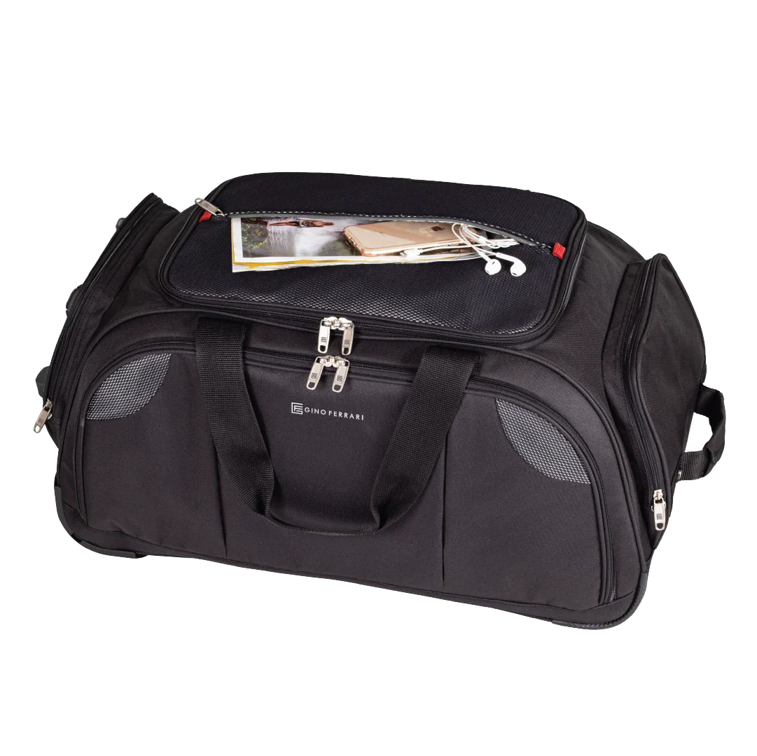 Black duffel bag with a visible brand logo on a white background