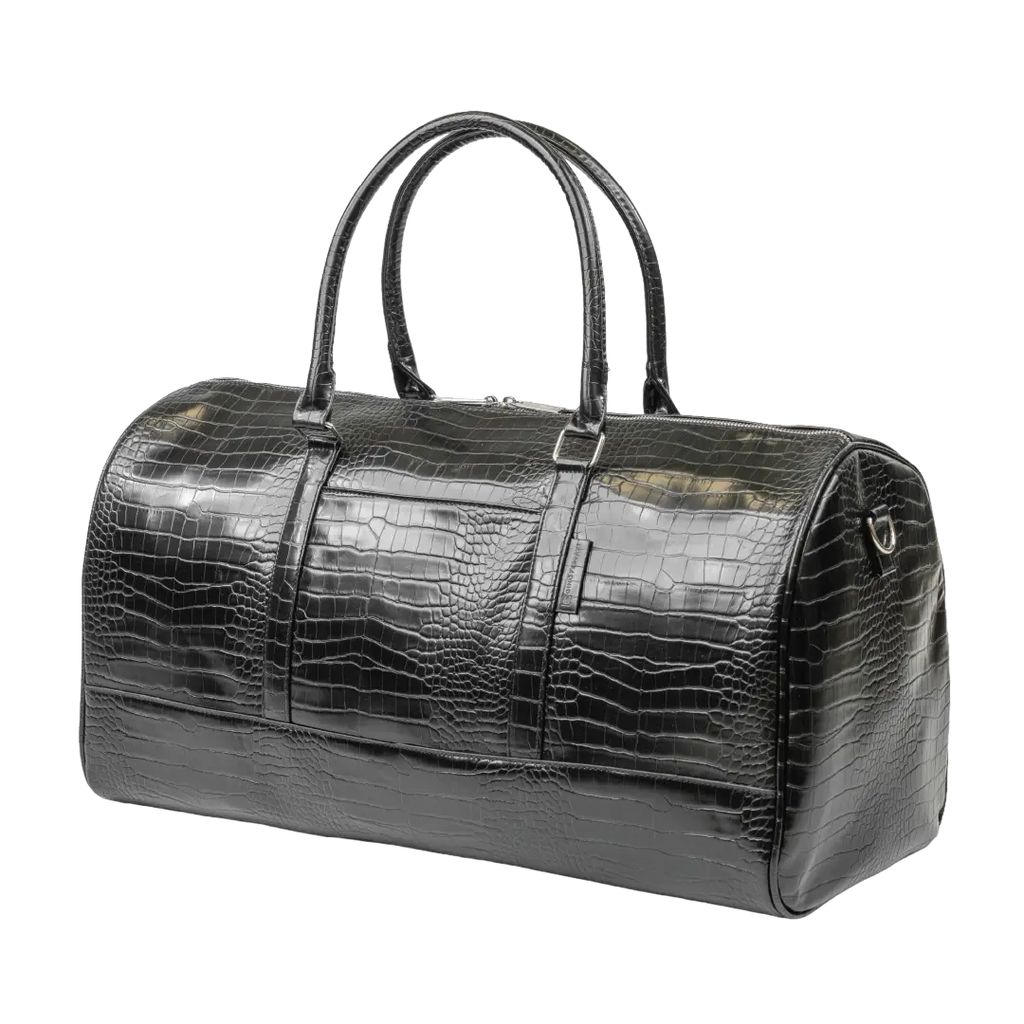 Black crocodile-patterned leather duffel bag on a white background