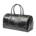 Black crocodile-patterned leather duffel bag on a white background