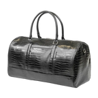 Black crocodile-patterned leather duffel bag on a white background
