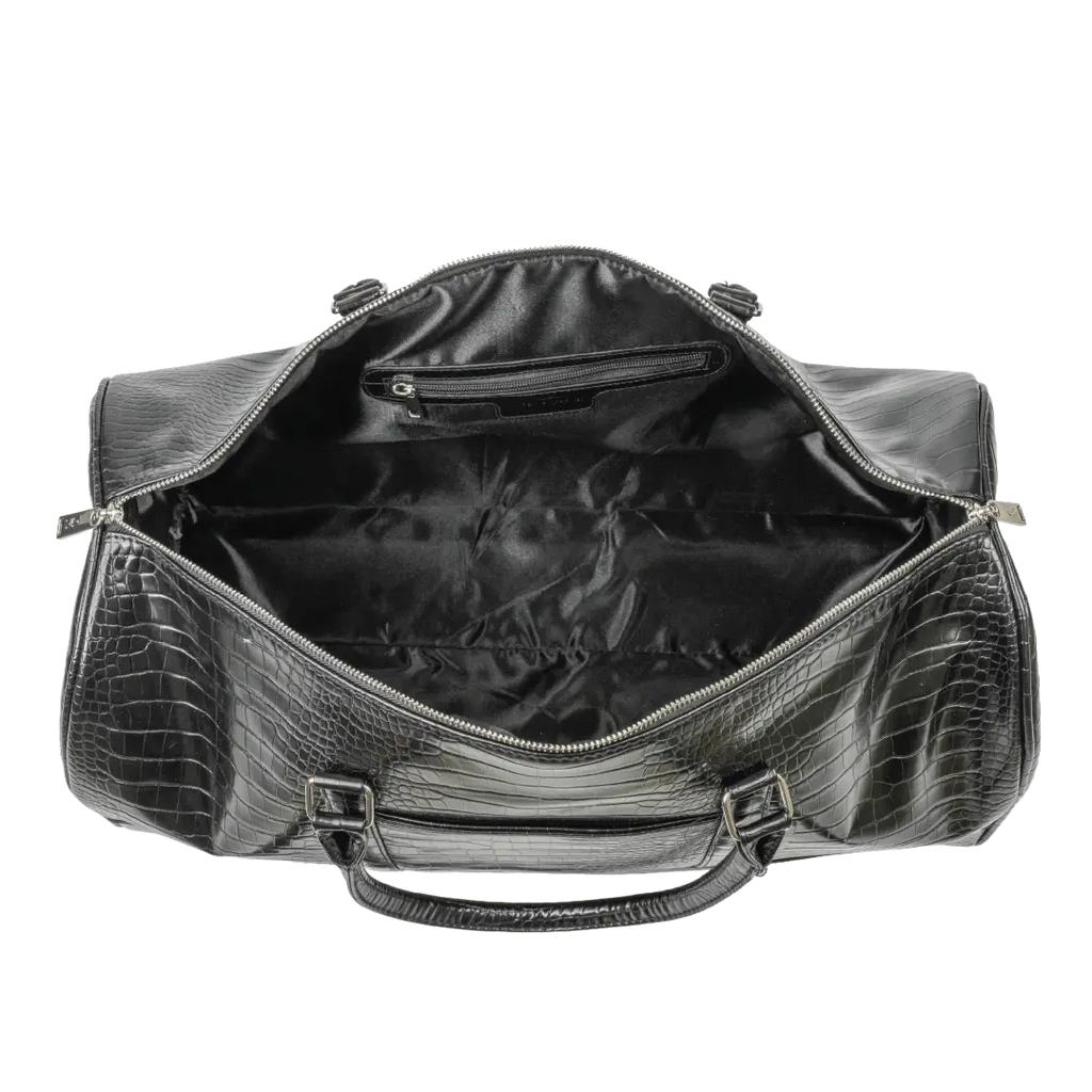 Black leather duffel bag with crocodile texture on a white background