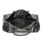 Black leather duffel bag with crocodile texture on a white background