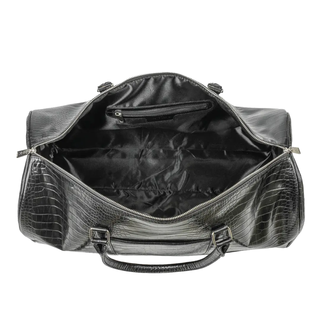 Black leather duffel bag with crocodile texture on a white background