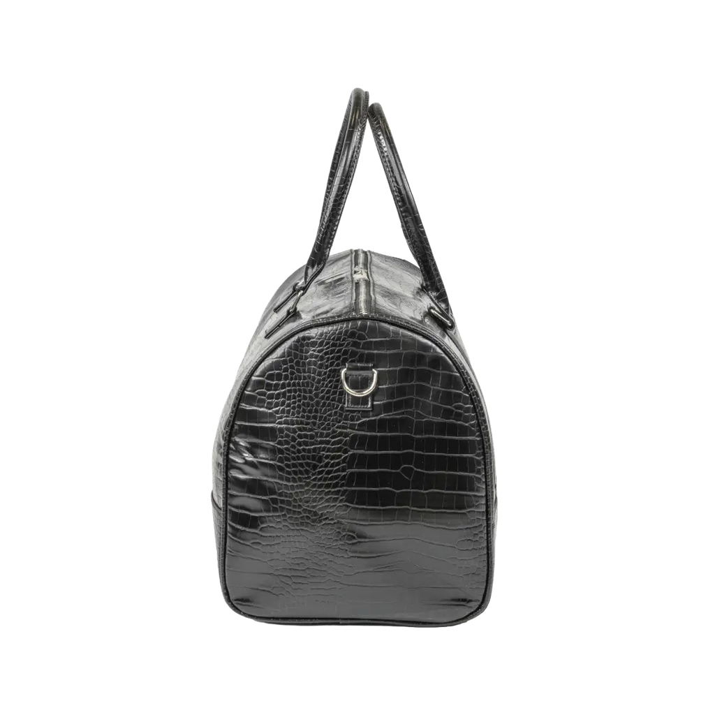 Black crocodile-patterned handbag on a white background