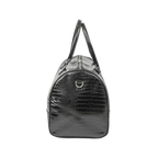 Black crocodile-patterned handbag on a white background