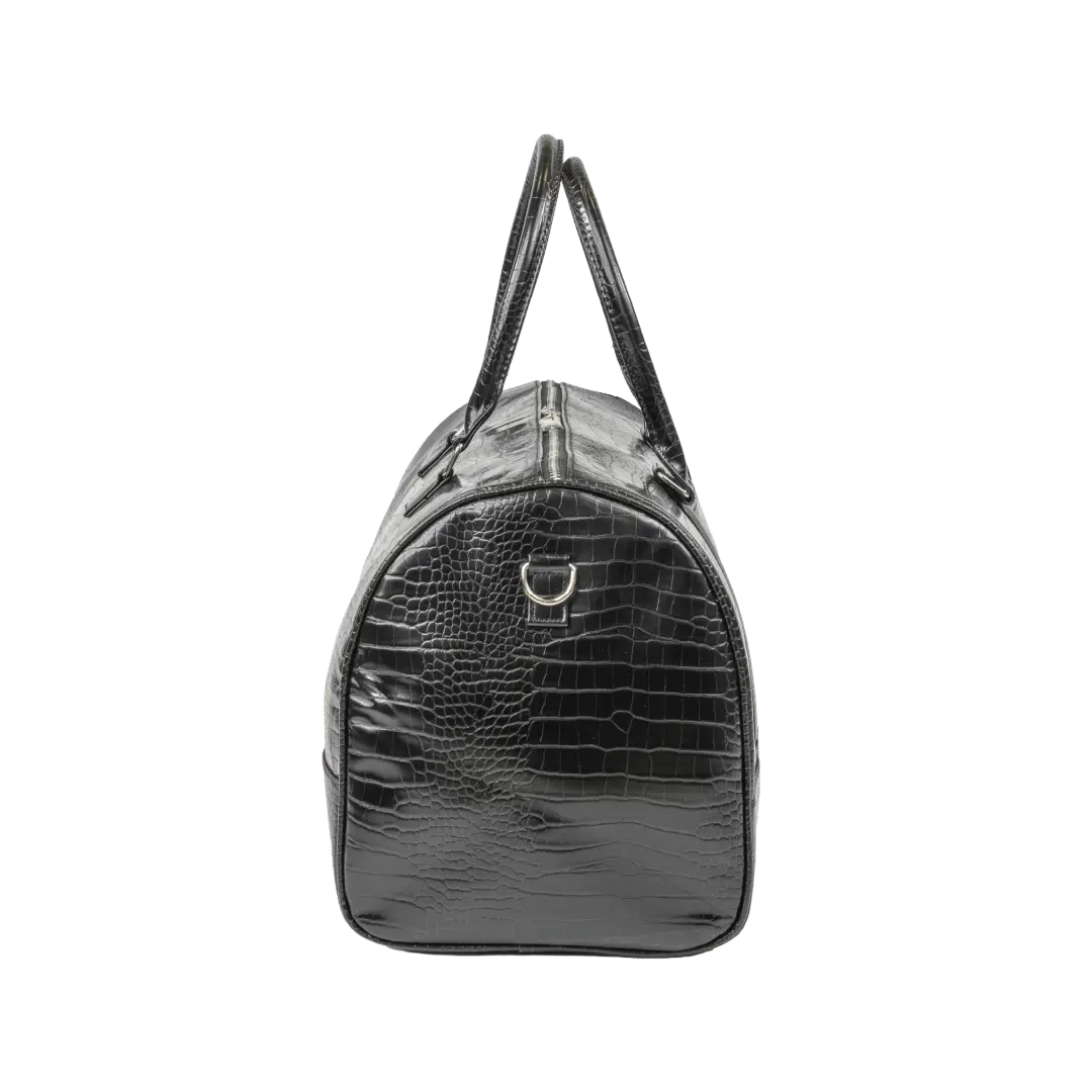 Black crocodile-patterned handbag on a white background
