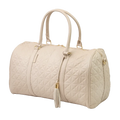 A close-up of a beige bag with patterned stitching, a gold zip and gold accents.