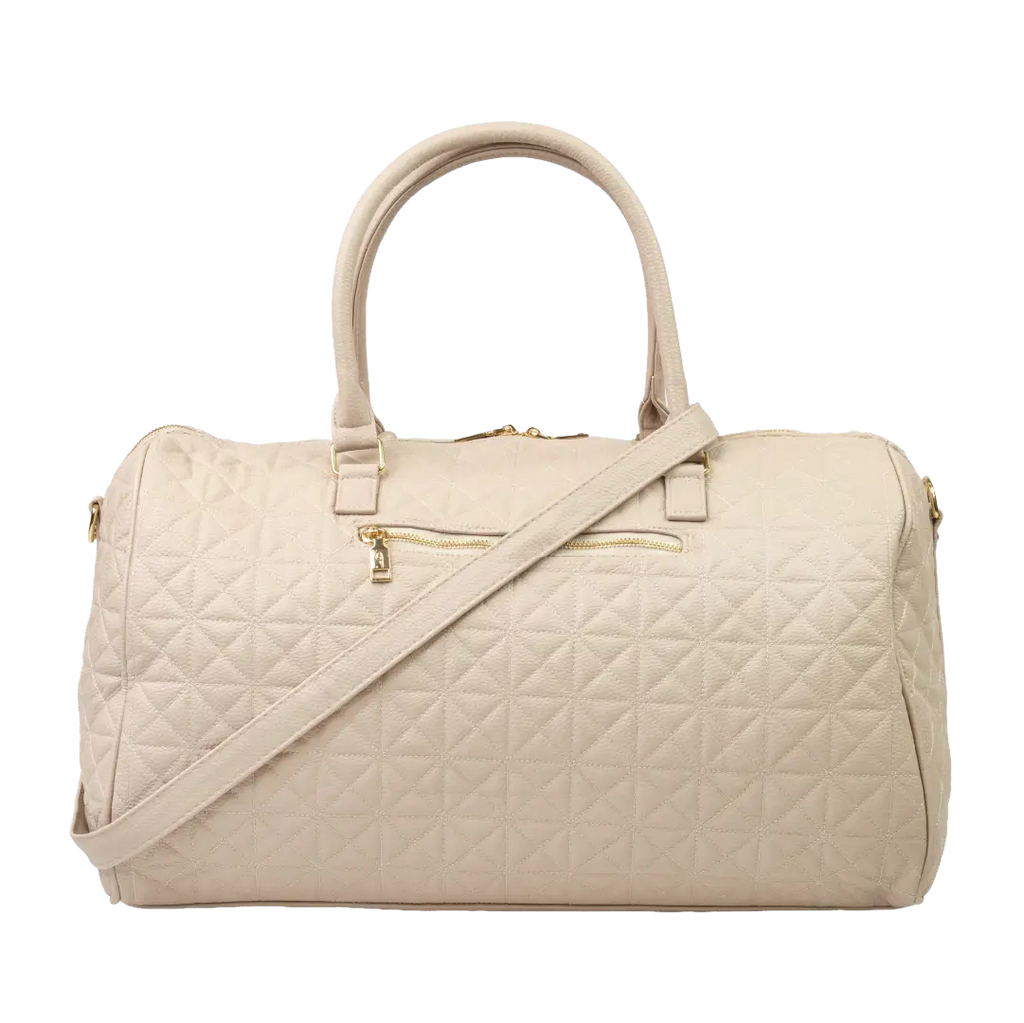 A close-up of a beige bag with handles, a strap, patterned stitching and a gold zip.