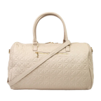 A close-up of a beige bag with handles, a strap, patterned stitching and a gold zip.
