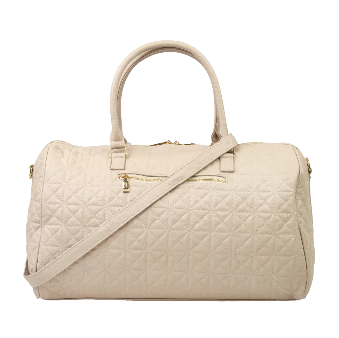 A close-up of a beige bag with handles, a strap, patterned stitching and a gold zip.