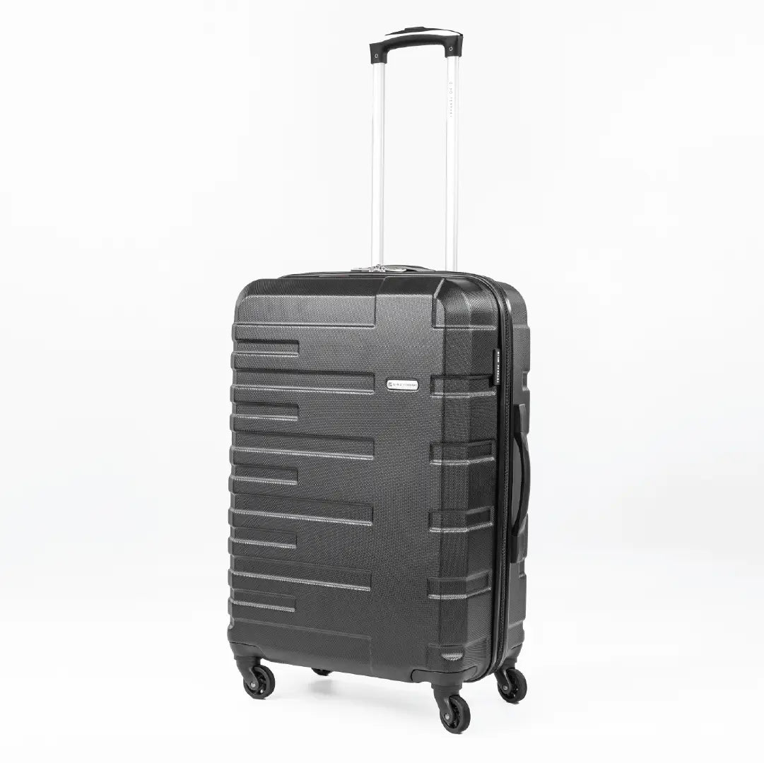 Black suitcase with a textured surface on a white background