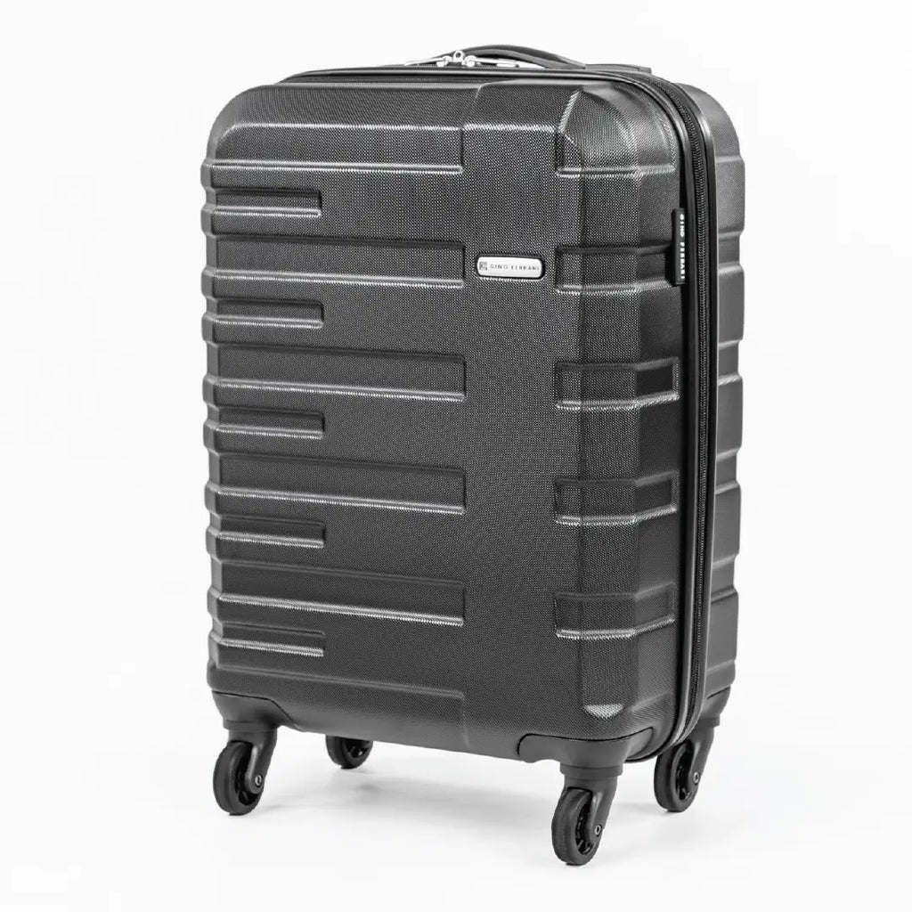 Black suitcase stood up showing the logo and detail on the suitcase.