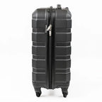 Side-view of a black cabin-sized suitcase, including the zips.