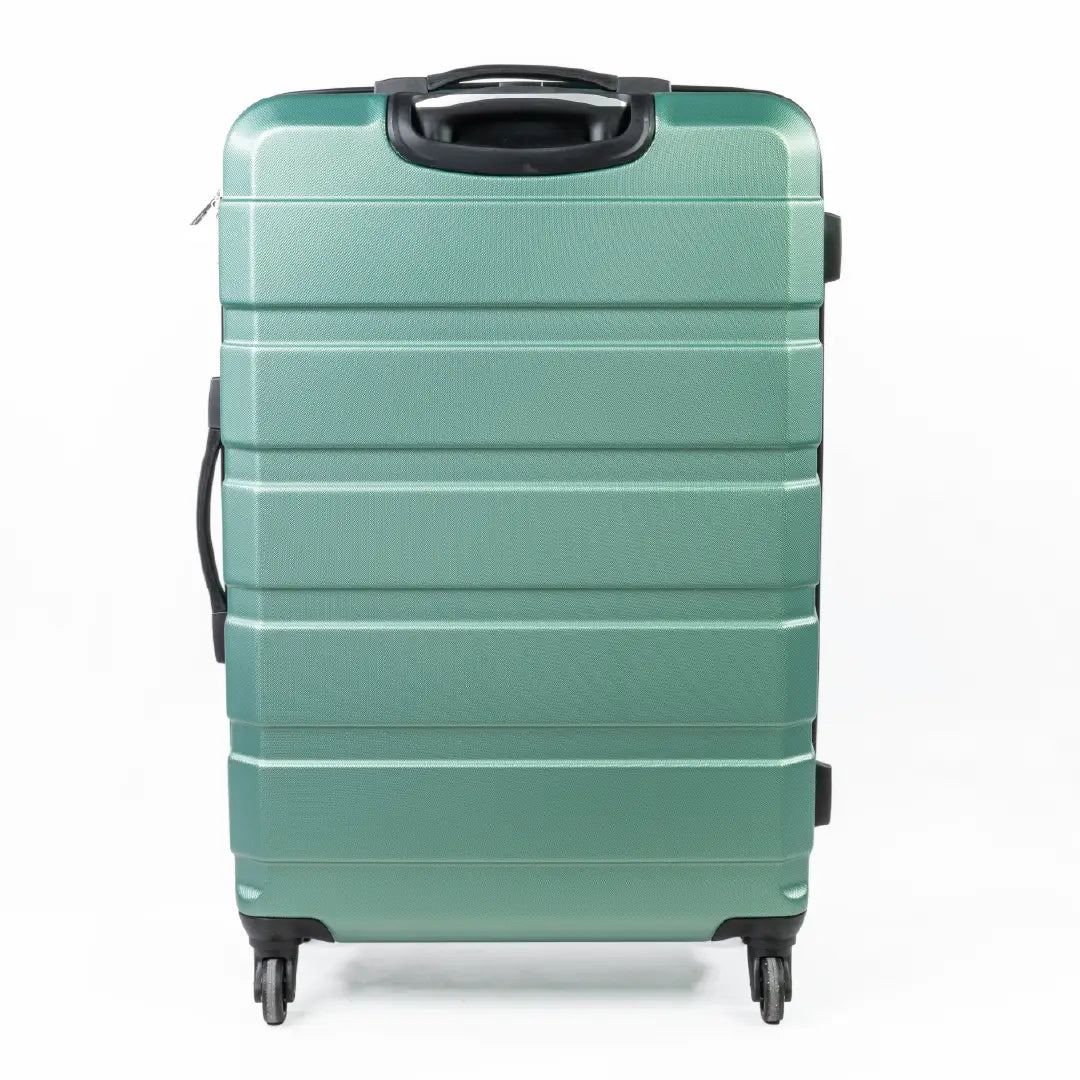 Green suitcase with black handle and wheels on a white background