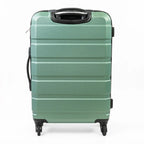 Green suitcase with black handle and wheels on a white background