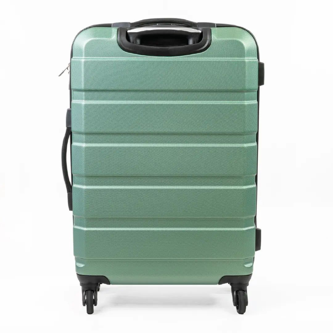 Green suitcase with black handle and wheels on a white background
