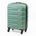 Green suitcase with black wheels on a white background