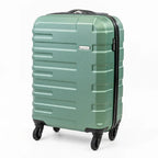 Green suitcase with black wheels on a white background