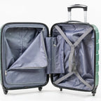 Open green suitcase with interior view on a white background