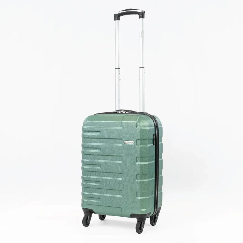 Full sized image of a green cabin-sized suitcase with the handle pulled up.