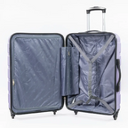Open suitcase with wheels and handle on a white background