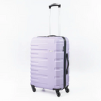 Light purple suitcase with black handle and wheels on a white background