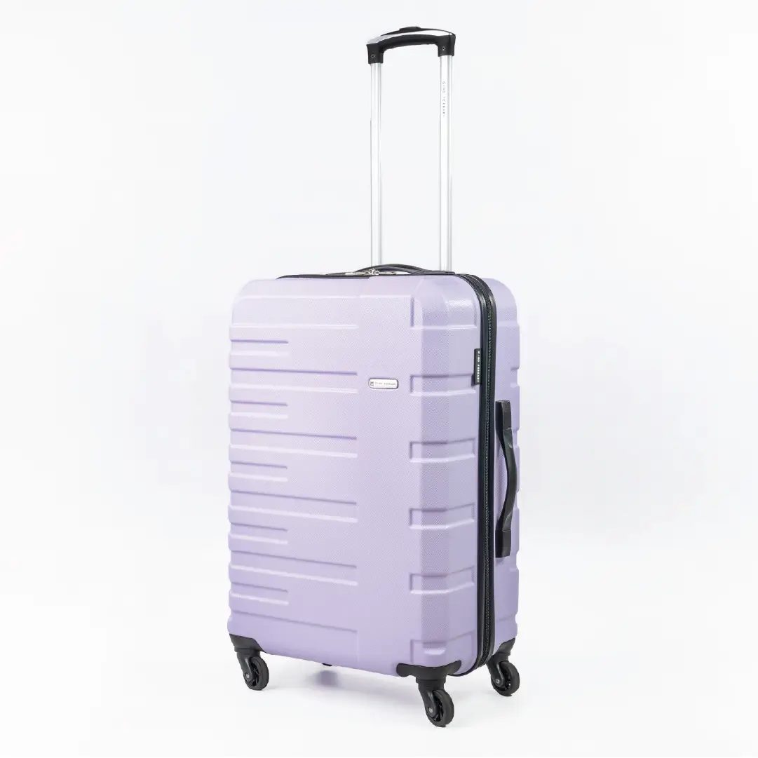 Light purple suitcase with black handle and wheels on a white background