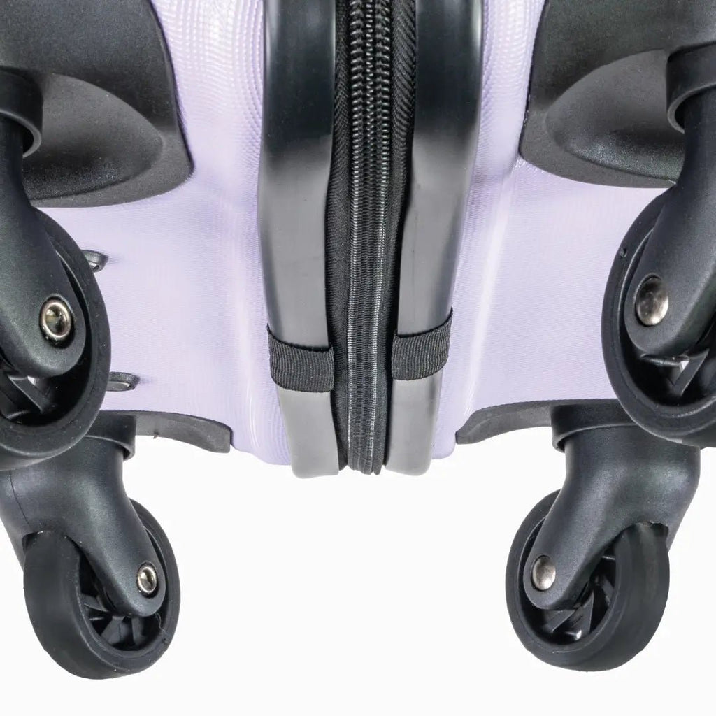 Close-up of a suitcase with wheels and zippers on a white background