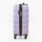Side view of a purple suitcase showcasing the zipper.