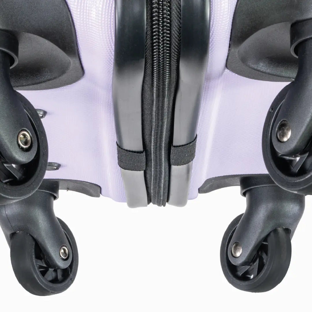 Close-up of the bottom of a suitcase showing the wheels and zipper.
