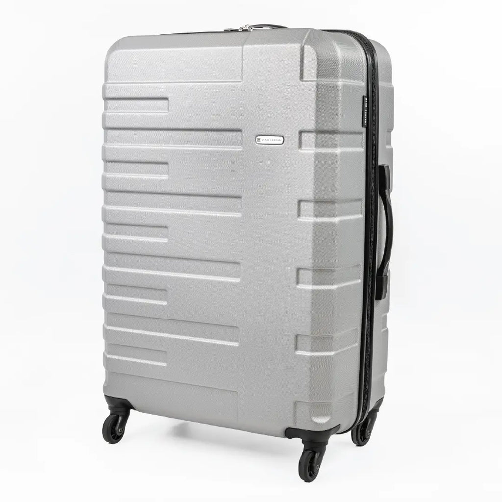 Silver suitcase with a black handle on a white background
