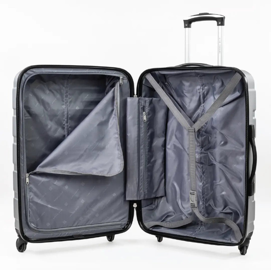 Open gray suitcase with interior organisation panels on a white background
