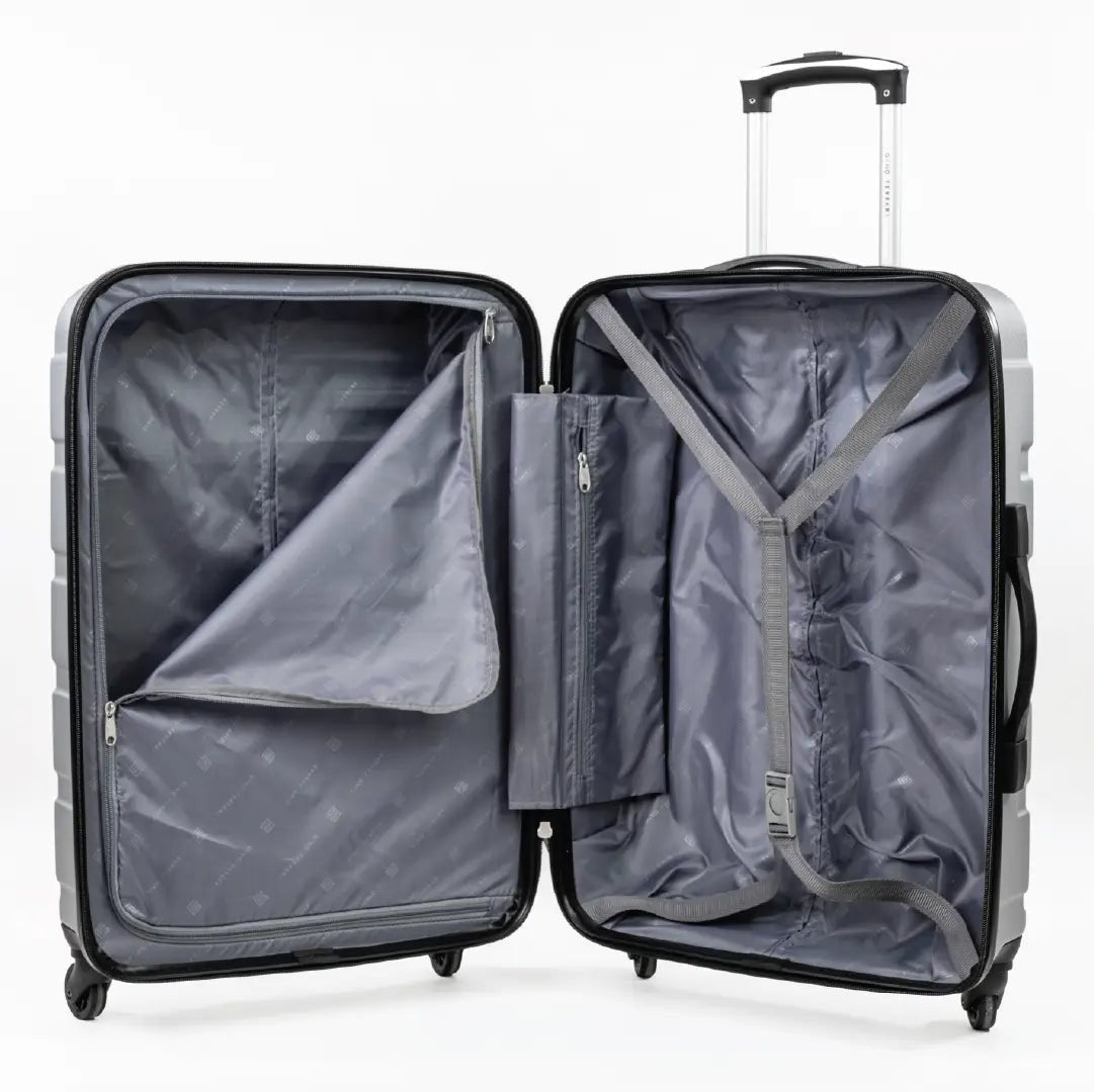 Open gray suitcase with interior organisation panels on a white background