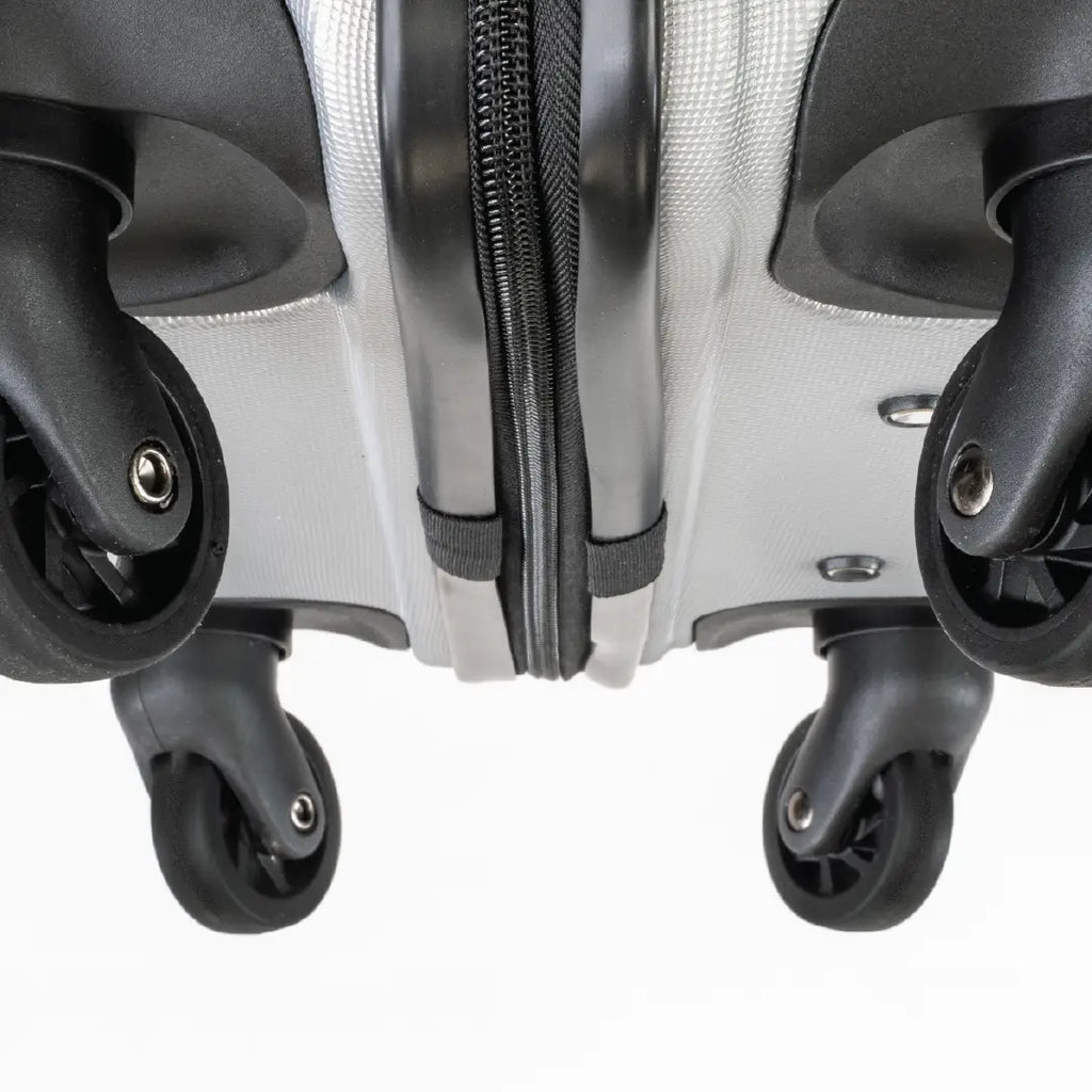 Close-up of a suitcase with wheels