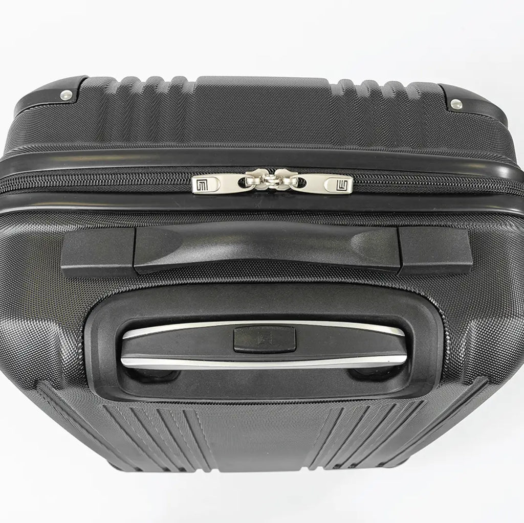 Black suitcase with handle and zipper on a white background