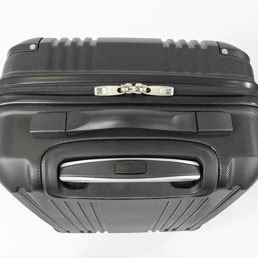 Black suitcase with handle and zipper on a white background