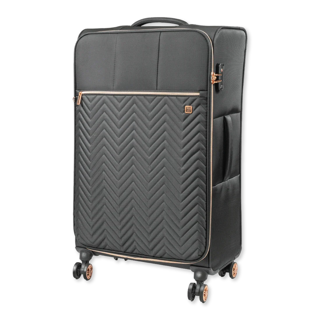 Gray suitcase with a chevron pattern on a white background