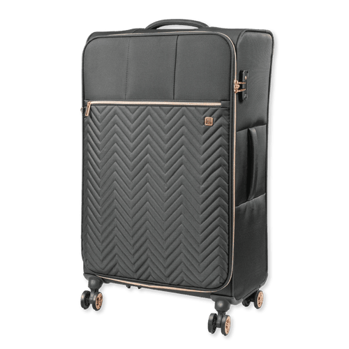 Gray suitcase with a chevron pattern on a white background