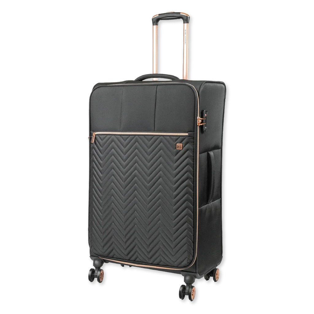 Black suitcase with a chevron pattern on a white background