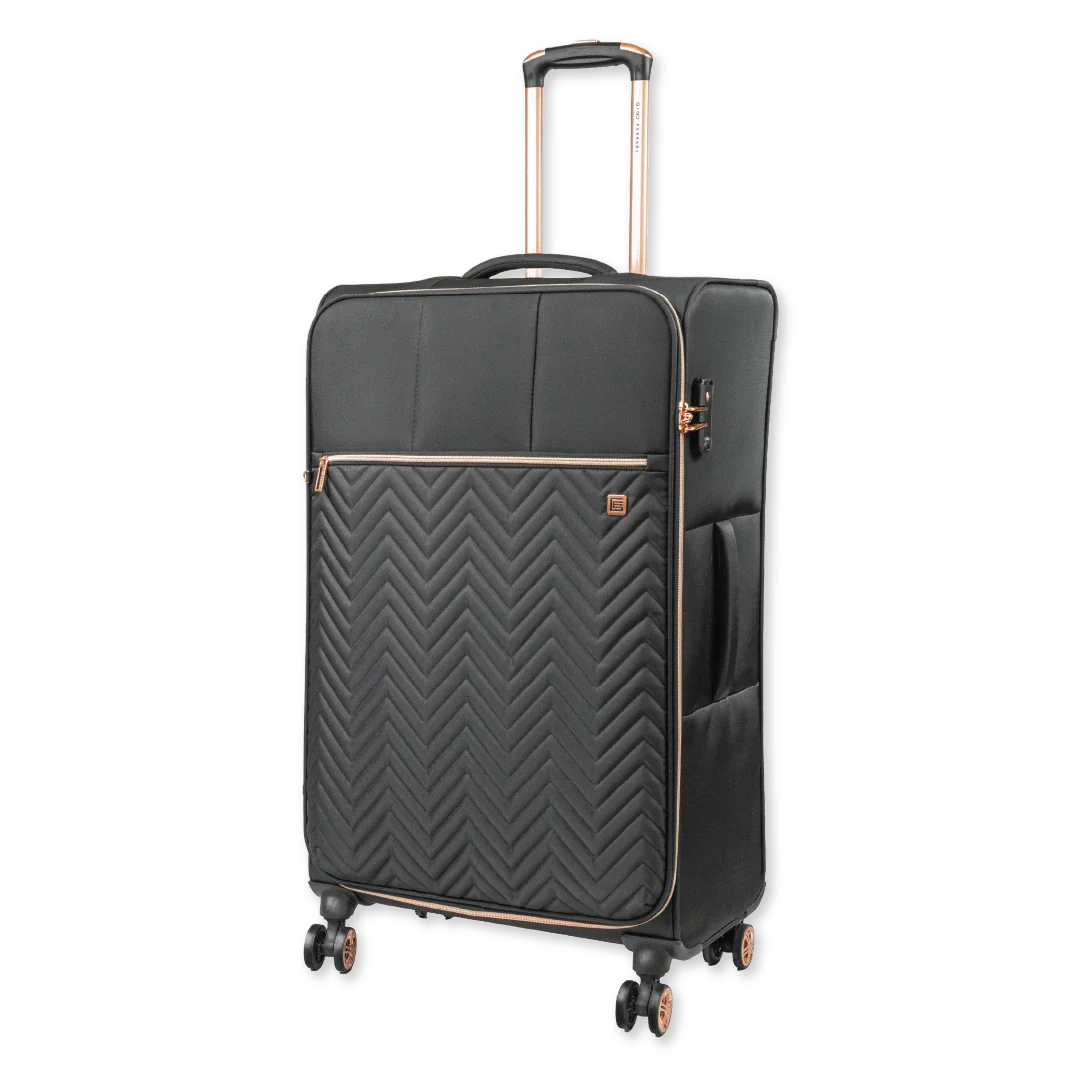 Black suitcase with a chevron pattern on a white background