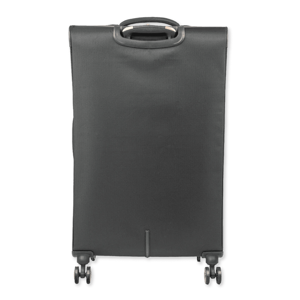 Black suitcase with wheels on a white background