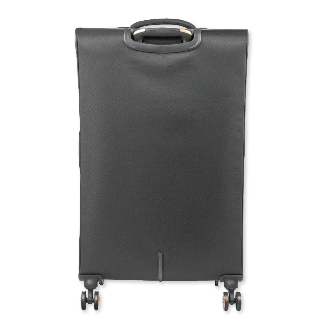 Black suitcase with wheels on a white background
