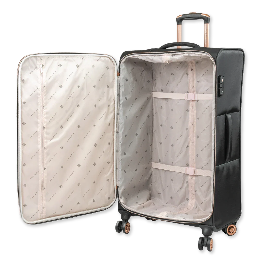 Open suitcase with quilted interior on a white background