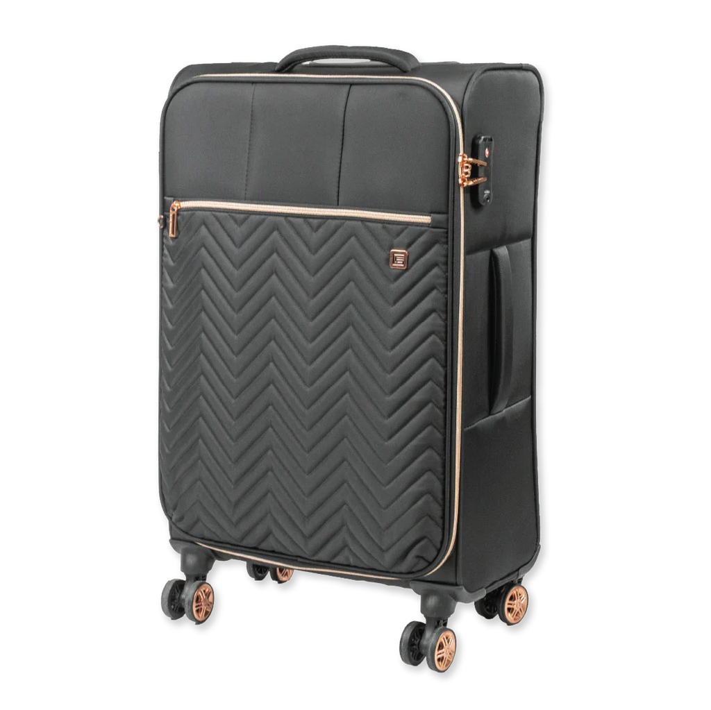 Black suitcase with rose gold accents on a white background
