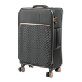 Black suitcase with rose gold accents on a white background