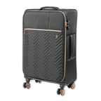 Black suitcase with rose gold accents on a white background